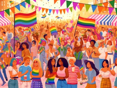 LGBTQ-rights-movement-cover LGBTQ activists marching with rainbow flags.