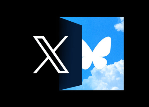 A visual representation showing the X logo (formerly Twitter) transitioning to Bluesky, symbolized by a butterfly icon against a blue sky with clouds. The image illustrates the shift from Twitter to the Bluesky platform.