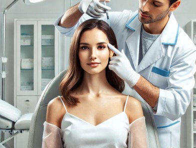 Botox and cosmetic enhancements – cover Woman receiving Botox injection at clinic.