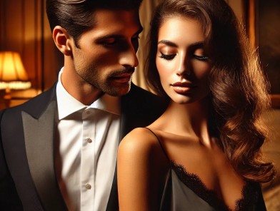 Psychology of Seduction - Cover Confident eye contact creating attraction.