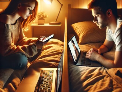 Long-Distance Sexual Interactions - Cover. A couple using video chat for intimacy.