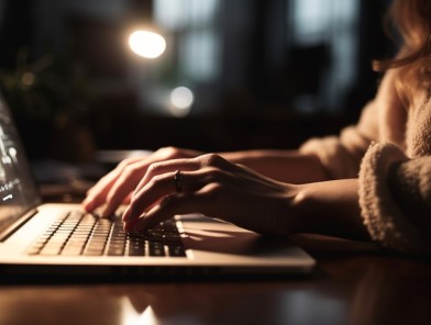 Professional woman working online - responsible advertising tips Woman typing email indoors, working on laptop, surfing the internet