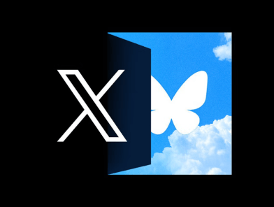 A visual representation showing the X logo (formerly Twitter) transitioning to Bluesky, symbolized by a butterfly icon against a blue sky with clouds. The image illustrates the shift from Twitter to the Bluesky platform.